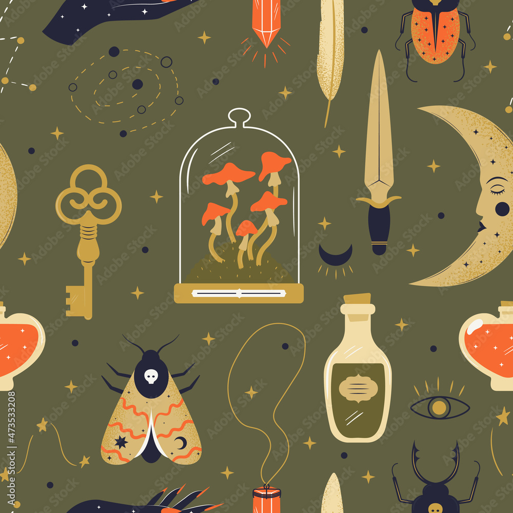 Alchemy witchcraft seamless pattern with hand drawn vintage elements. Magic shop and fairy tale vector background with insect potion knife moon hand mushrooms