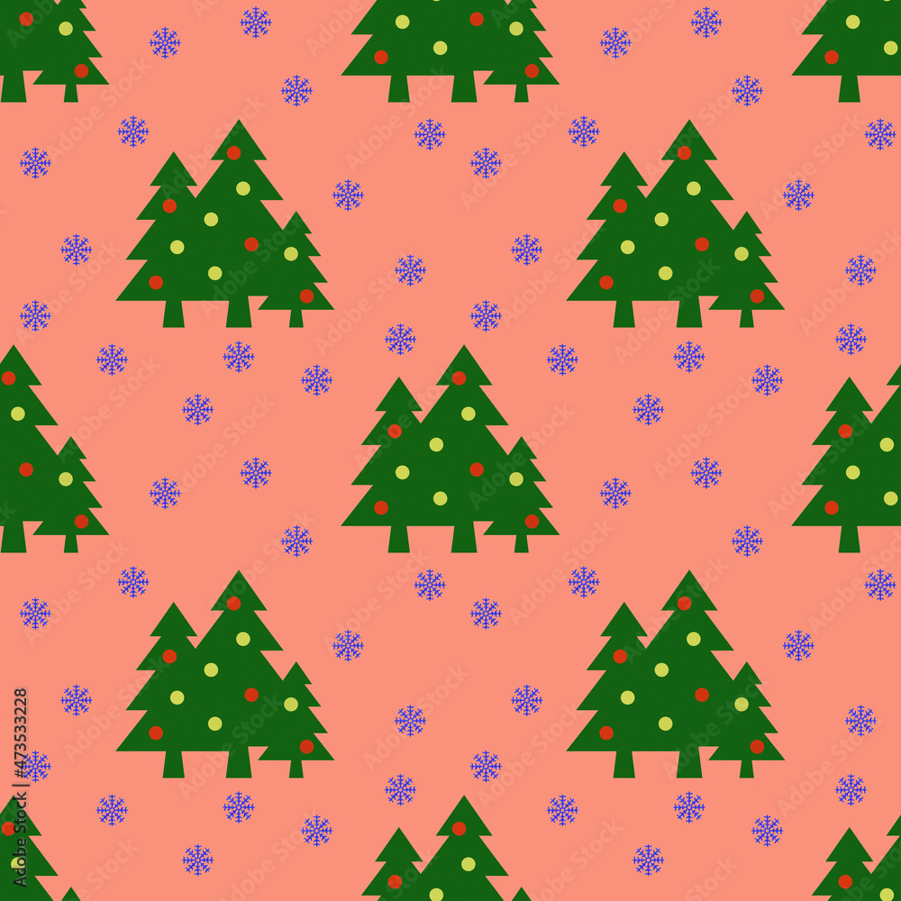 Obraz premium Seamless pattern. Image of green Christmas trees with balls and snowflakes on pastel red backgrounds. Symbol of New Year and Christmas. Template for application to surface. 3D image. 3d rendering