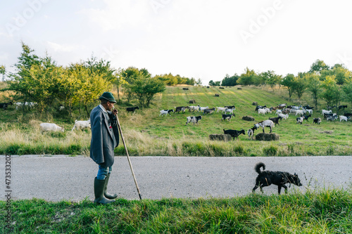 Male goat herder holding walking cane while standing on road photo