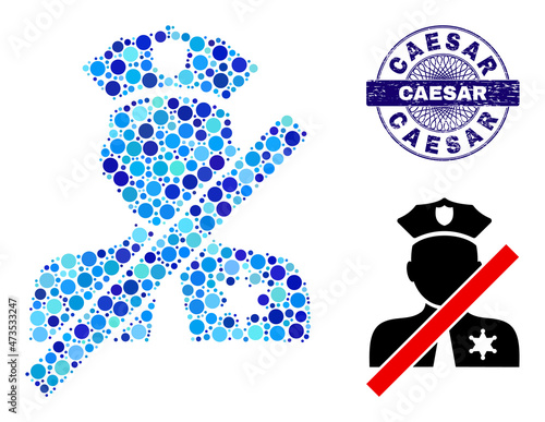 Circle combination closed police officer icon and CAESAR round scratched stamp seal. Violet stamp seal includes CAESAR text inside circle and guilloche ornament.