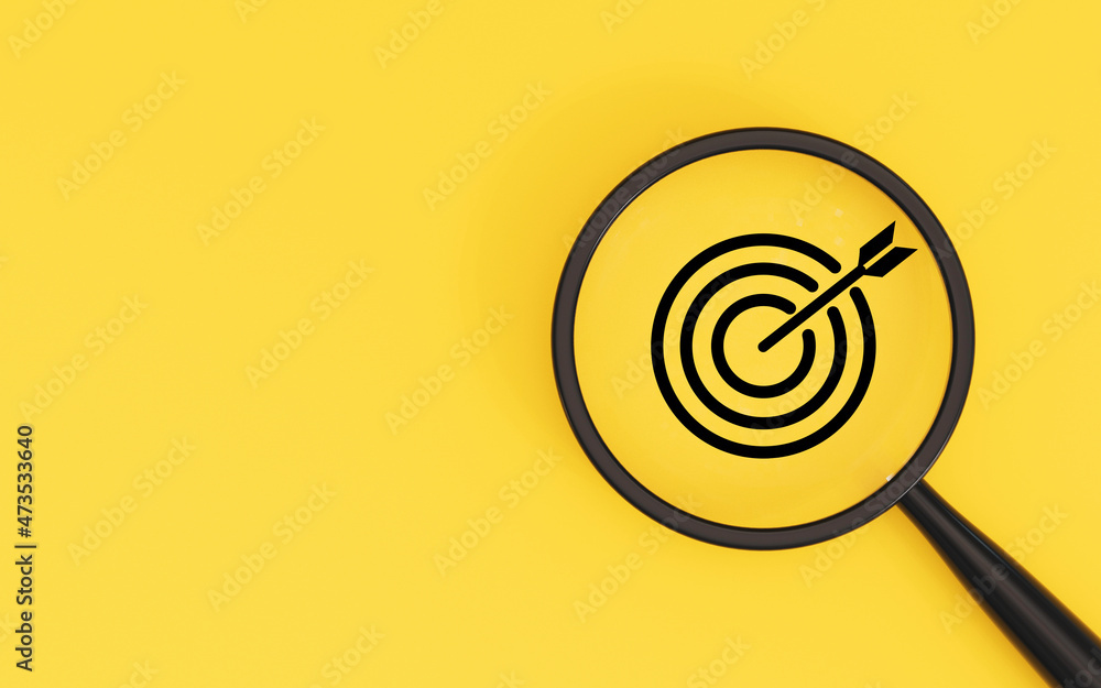 Target board inside of magnifier glass on yellow background and copy space for focus business objective achievement concept by 3d rendering. - obrazy, fototapety, plakaty 