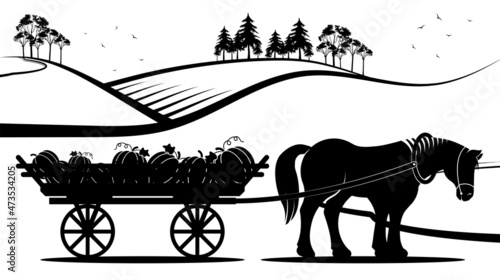 Agricultural village landscape. Tired horse drags wooden cart with pumpkin harvest. Autumn harvest, village life. Minimalistic black and white vector isolated on white background