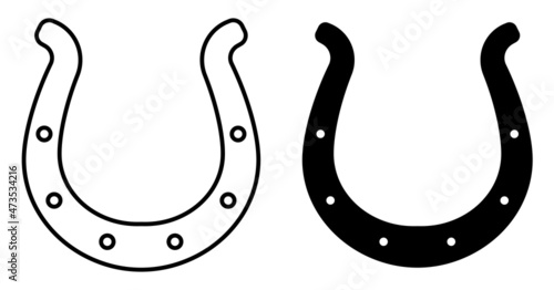 Linear icon. Metal horseshoe for horse. Symbol of good luck and happiness in culture. Simple black and white vector isolated on white background
