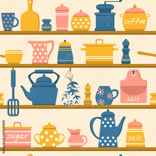 Seamless pattern with kitchen shelves and kitchen utensils. Kettles, herbs, jugs, jars, pots, coffee grinder, mugs and bowls. Design for textile print or wallpaper. Vector illustration in flat style.