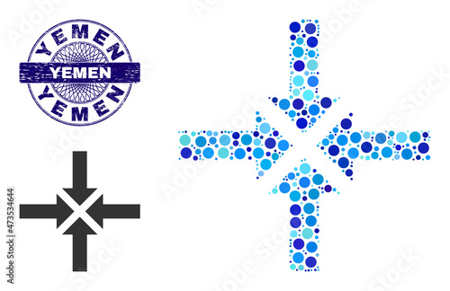 Round dot combination compress arrows icon and YEMEN round textured seal. Blue seal includes YEMEN tag inside circle and guilloche structure. Vector mosaic is based on compress arrows icon,