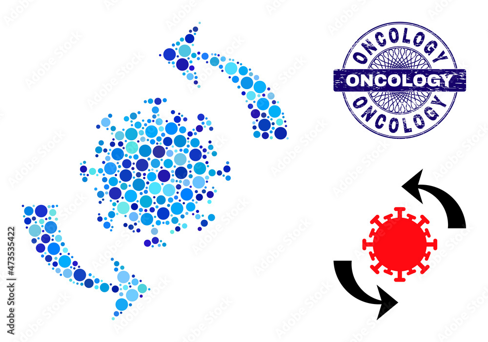 Circle composition coronavirus update icon and ONCOLOGY round corroded stamp seal. Blue stamp seal includes ONCOLOGY text inside circle and guilloche ornament. Circle composition coronavirus update icon and ONCOLOGY round corroded stamp seal. Blue stamp seal includes ONCOLOGY text inside circle and guilloche ornament.