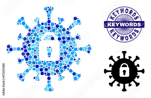 Round dot composition covid lockdown icon and KEYWORDS round grunge seal. Blue seal includes KEYWORDS tag inside circle and guilloche technique. Vector collage is based on covid lockdown icon,