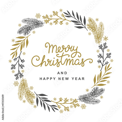 Christmas wreath of fir branches, leaves and snowflakes. Holiday card with golden floral frame isolated on white background. Vector illustratio