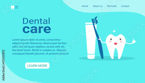 Dental care clinic website landing page template. A healthy shiny tooth holds a toothbrush and toothpaste. Dental banner. Children's dentistry. Flat vector illustration