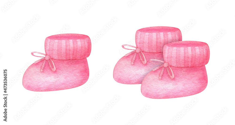 Pink baby booties with a bow isolated on a white background. Cute infant clipart knitted newborn baby shoes gender reveal Stock Illustration Adobe Stock