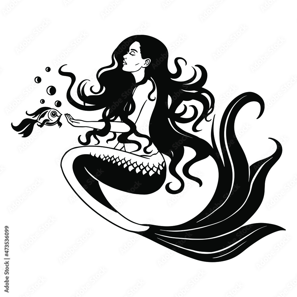 Young beautiful mermaid with a fish. Black silhouette. Design element ...