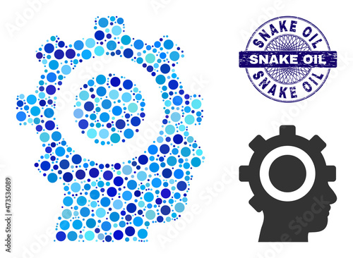 Circle collage cyborg gear icon and SNAKE OIL round scratched stamp. Blue stamp includes SNAKE OIL tag inside circle and guilloche decoration. Vector collage is based on cyborg gear icon,