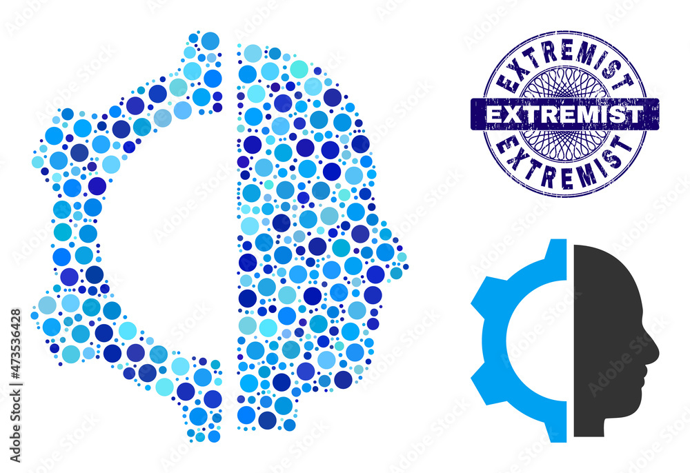 Round dot composition cyborg gear icon and EXTREMIST round scratched stamp seal. Blue stamp seal includes EXTREMIST caption inside circle and guilloche technique. Round dot composition cyborg gear icon and EXTREMIST round scratched stamp seal. Blue stamp seal includes EXTREMIST caption inside circle and guilloche technique.