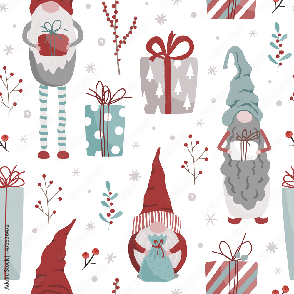 Christmas pattern with Scandinavian gnomes, gifts, and Xmas tree branches isolated on white background. Hand drawn vector illustration for wrapping paper, textile, wallpaper, cards Christmas pattern with Scandinavian gnomes, gifts, and Xmas tree branches isolated on white background. Hand drawn vector illustration for wrapping paper, textile, wallpaper, cards