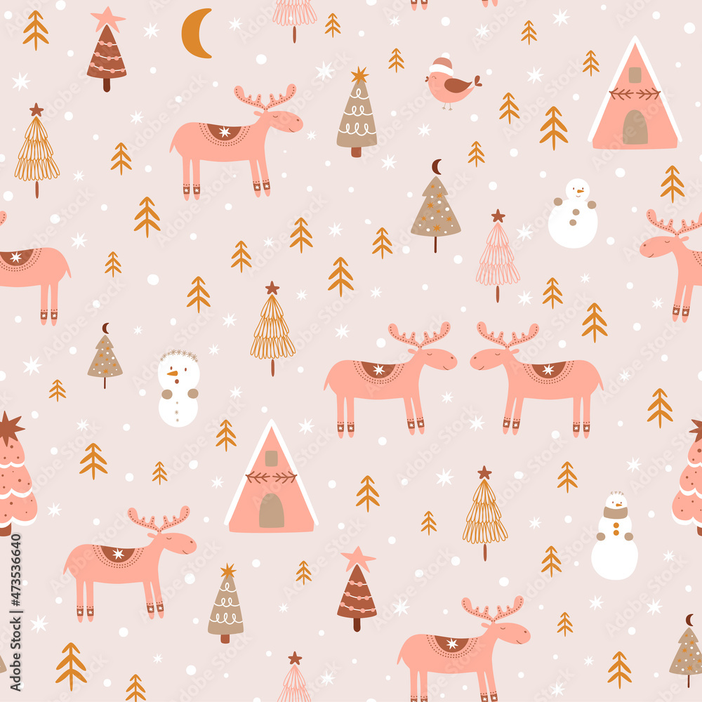 Pink Christmas pattern. Christmas deer in forest. Magical winter background. Outdoor winter landscape. Winter village illustrations. Childish vector background. Building, snowmen, trees, reindeer. Pink Christmas pattern. Christmas deer in forest. Magical winter background. Outdoor winter landscape. Winter village illustrations. Childish vector background. Building, snowmen, trees, reindeer.