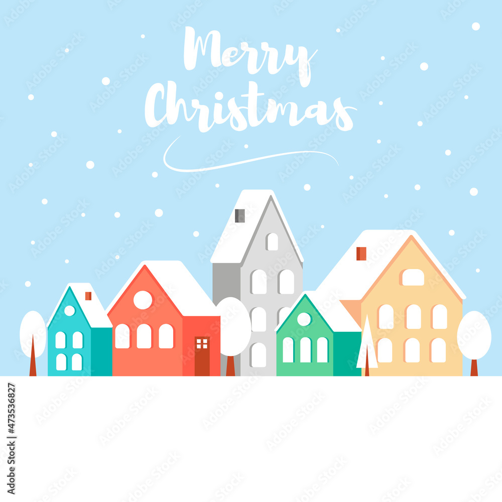Cute background picture with houses, snowfall and letters. illustration.