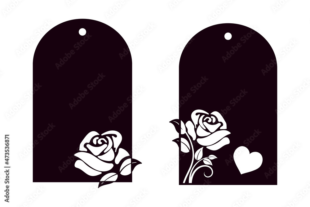 Obraz premium Cut out silhouette of a rose on gift tags for wedding and Valentine's Day