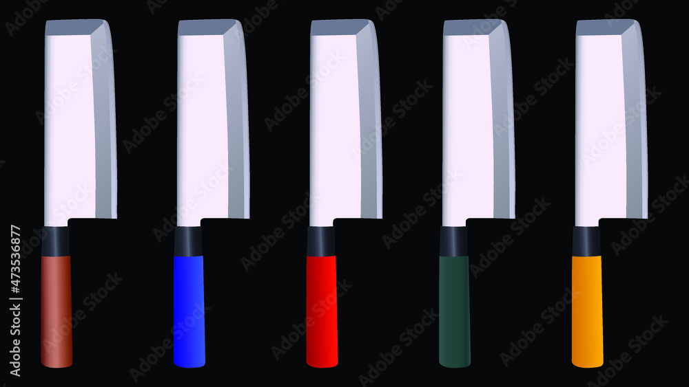 set of Large sharp cleaver knife isolated on black background, colourful cleaver knife set of Large sharp cleaver knife isolated on black background, colourful cleaver knife