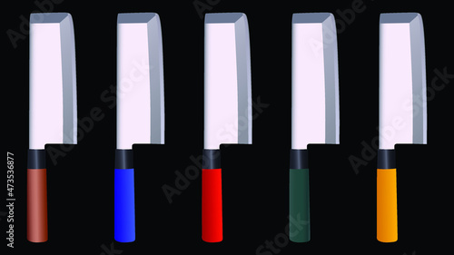 set of Large sharp cleaver knife isolated on black background  colourful cleaver knife