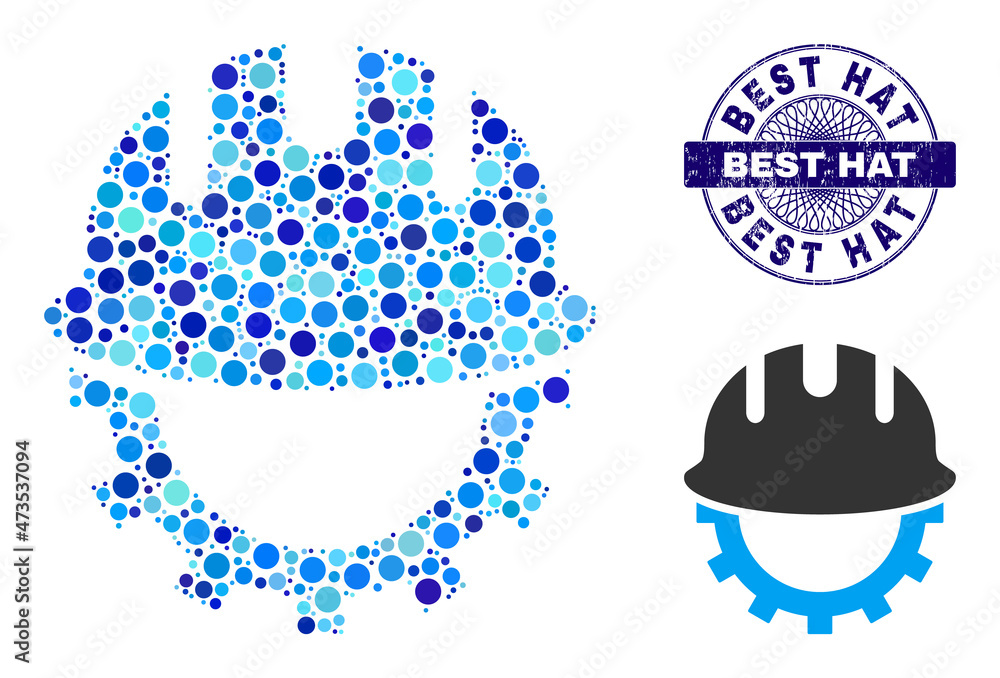 Obraz premium Round dot composition development hardhat icon and BEST HAT round rubber stamp seal. Blue seal includes BEST HAT title inside circle and guilloche decoration.