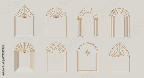Vector set of design elements and illustrations in simple linear style - boho arch logo design elements and frames for social media stories and posts photo