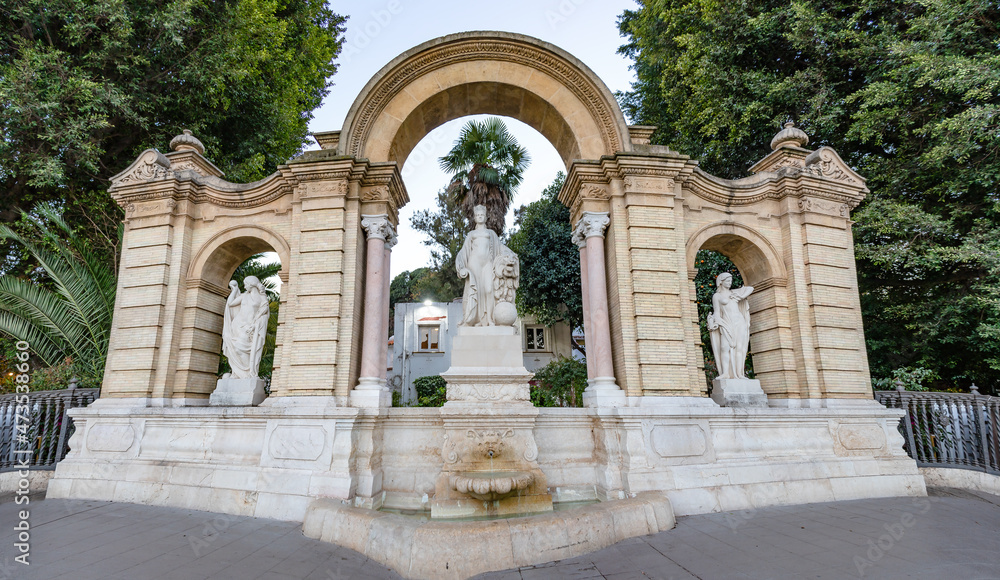 Fuente de Hispania, monumental fountain that served as access to María Luisa Park in Seville, Andalusia, Spain