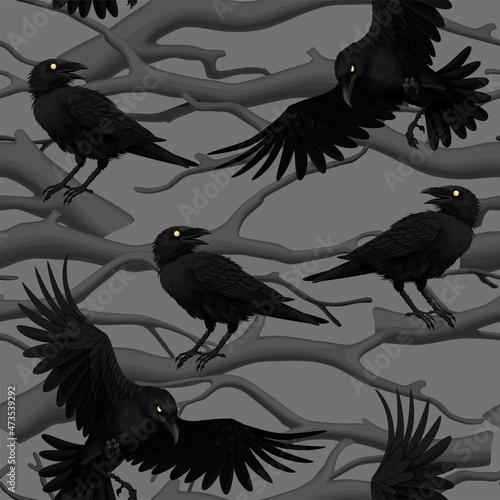 Vector seamless pattern with raven on a branch