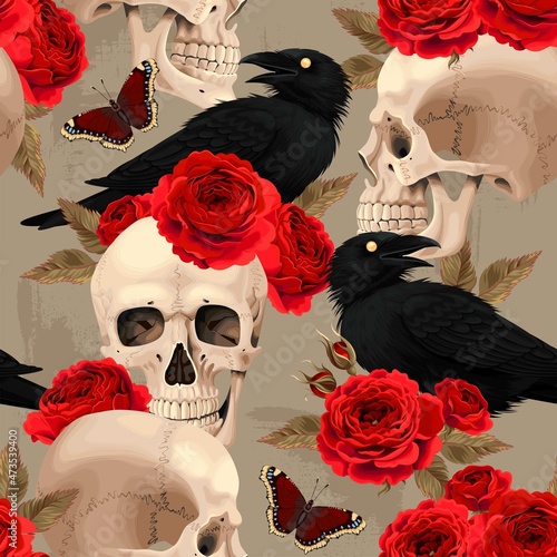 Seamless pattern with raven and human skull