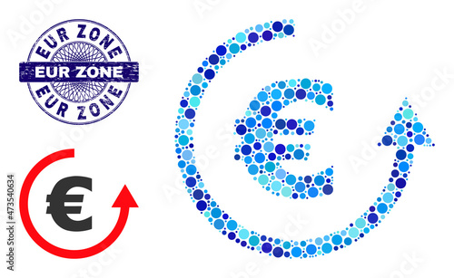 Circle collage euro refund icon and EUR ZONE round dirty stamp seal. Blue stamp seal includes EUR ZONE title inside circle and guilloche ornament. Vector collage is based on euro refund symbol,