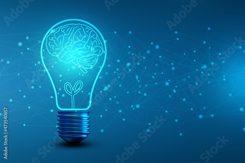 2d illustration Brainstorm concept with futuristic glowing low polygonal light bulb and human brain

