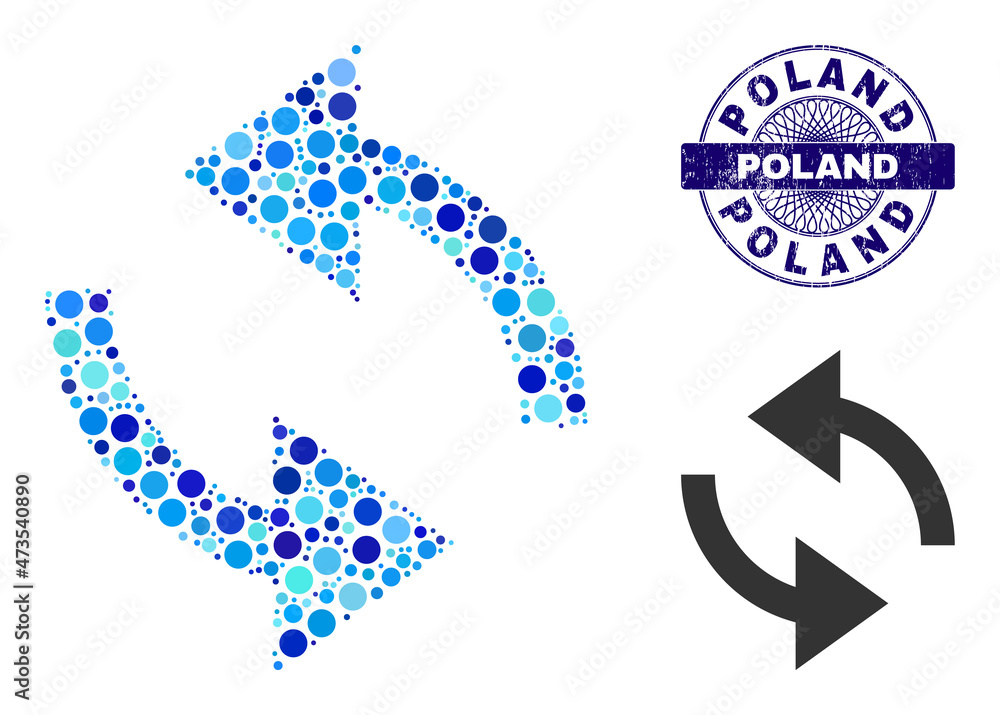 Circle collage exchange arrows icon and POLAND round dirty stamp print. Blue stamp seal includes POLAND tag inside circle and guilloche ornament. Vector mosaic is based on exchange arrows icon, Circle collage exchange arrows icon and POLAND round dirty stamp print. Blue stamp seal includes POLAND tag inside circle and guilloche ornament. Vector mosaic is based on exchange arrows icon,