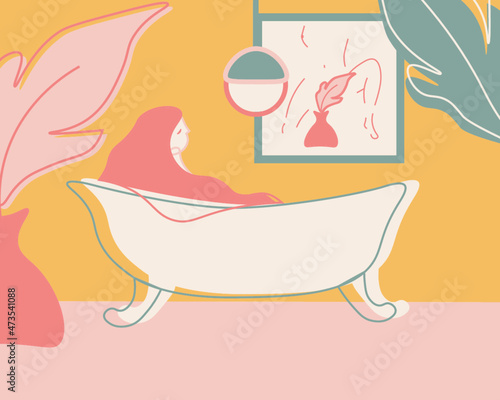 Modern minimalist flatt illustration of a redheaded girl in a bathtub.