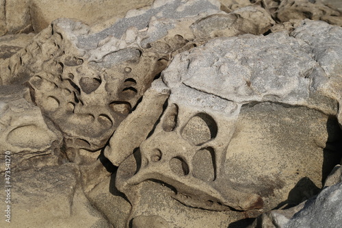 texture of porous stones on the beach, nature, natural phenomena, brown-gray stones photo