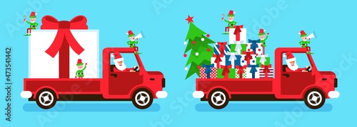 Santa Truck carrying large gift box with red bow. Truck with Christmas gifts. Vector illustration.