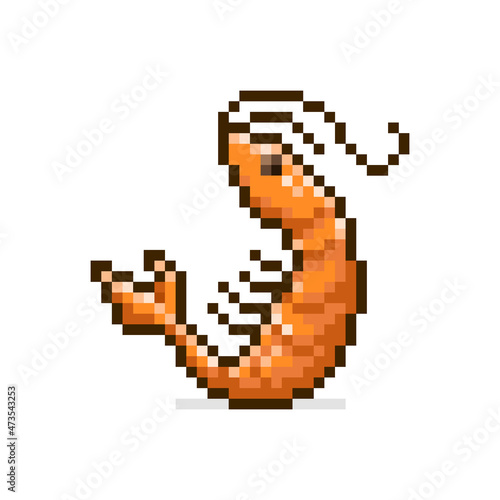 colorful simple flat pixel art illustration of cartoon red shrimp on white background