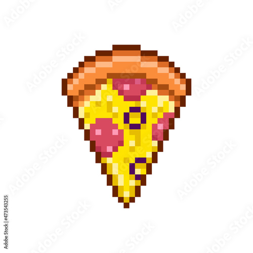 colorful simple flat pixel art illustration of cartoon slice of pizza with sausage, cheese and olives on white background