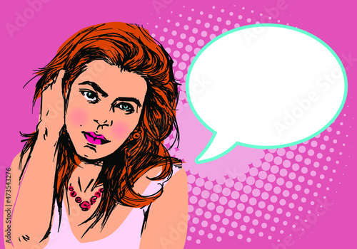 Wow a feminine pop art face. With blue eyes, an open lips, and a speech bubble, sexy young woman is astonished. Bright vector backdrop in the manner of a pop art retro comic. Poster for a party invit