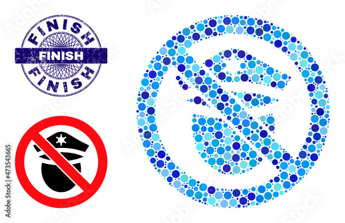 Circle collage forbid police cop icon and FINISH round unclean stamp seal. Blue seal includes FINISH caption inside circle and guilloche ornament. Vector collage is based on forbid police cop icon,