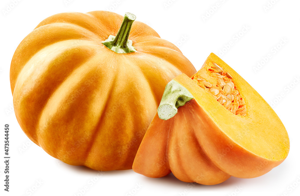 Pumpkin isolated on the white background. Pumpkin half. Fresh pumpkin fruits isolated on white background - obrazy, fototapety, plakaty 
