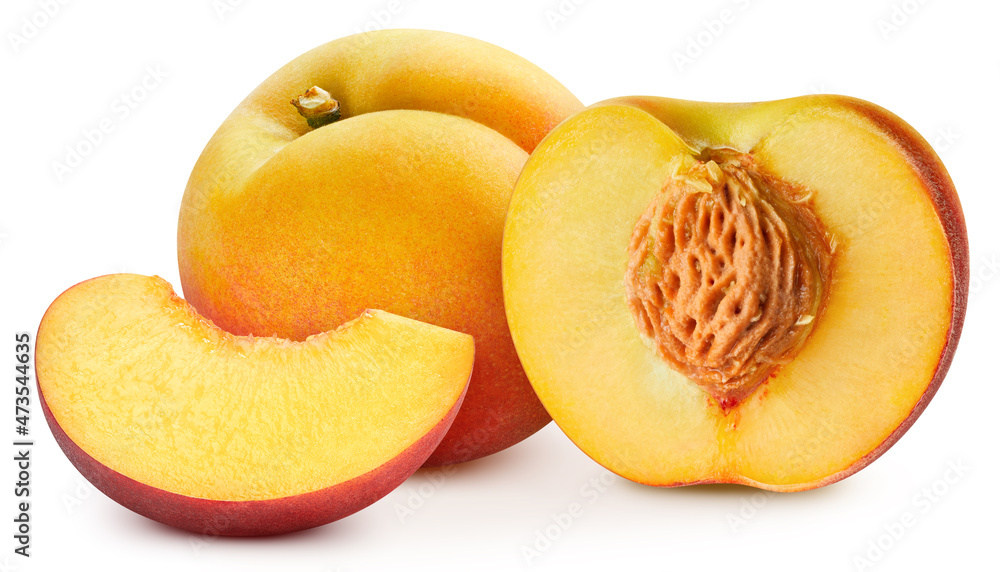 Peach isolated on the white background. Peach half and slice. Fresh fruits isolated on white background Peach isolated on the white background. Peach half and slice. Fresh fruits isolated on white background