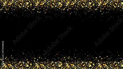 Glitter christmas border. Gold glowing sparkle frame on empty black background