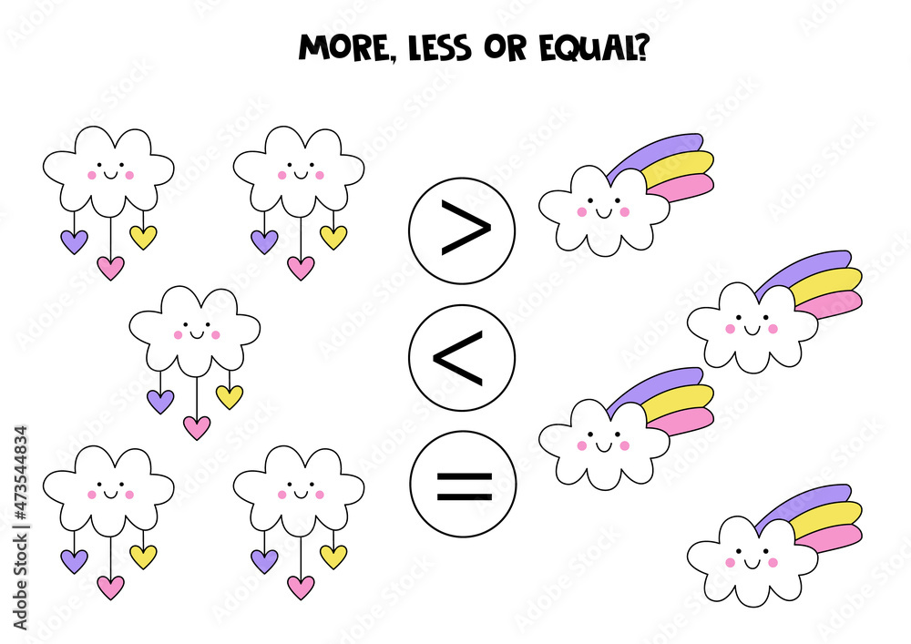More, less, equal with cute kawaii clouds. More, less, equal with cute kawaii clouds.