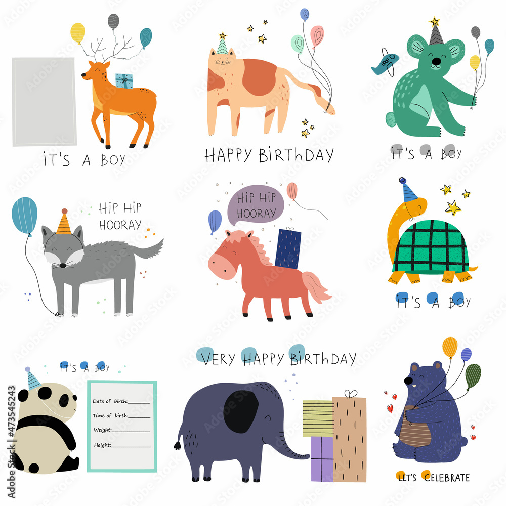 Set of baby shower invitations with cute animals, present boxes and balloons on white background. It's a boy and happy birthday. Vector illustration