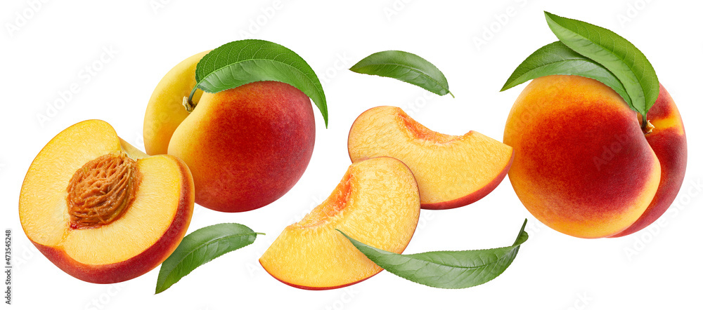 Flying peach isolated on white background. Clipping path peach. Peach macro studio photo Flying peach isolated on white background. Clipping path peach. Peach macro studio photo