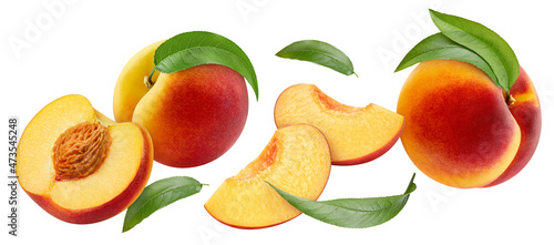 Flying peach isolated on white background. Clipping path peach. Peach macro studio photo
