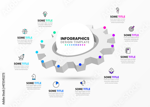 infographic template with 10 steps or options. 3d cogwheel. Vector