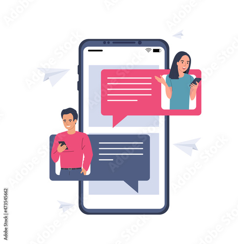 Social media concept using smartphone. A man and a woman are chatting. Vector illustration.