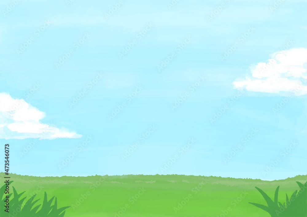 爽やかな空と草原のシンプル手描きイラスト