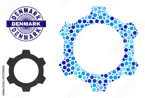 Circle mosaic gear icon and DENMARK round dirty stamp imitation. Blue stamp seal includes DENMARK caption inside circle and guilloche technique. Vector mosaic is based on gear icon,