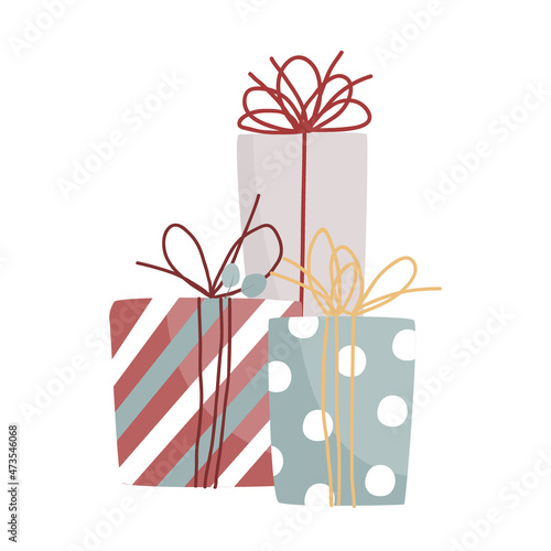 Cute pile of gift boxes or Christmas presents. Xmas gifts wrapped in doodle paper, vector illustration